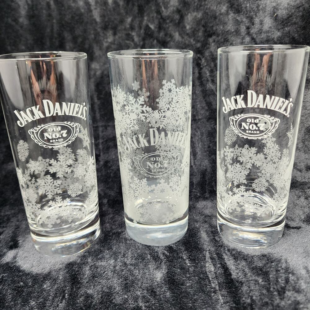 3 Jack Daniels Glasses Old No.7 Whisky Snowflake Holiday Highball Christmas